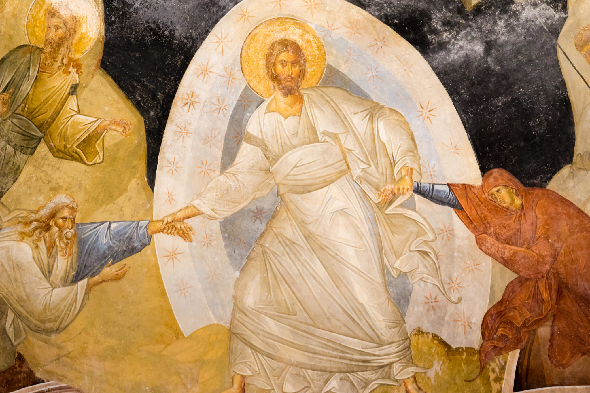 Christ is pulling adam and eve mankind from the underworld fresco 