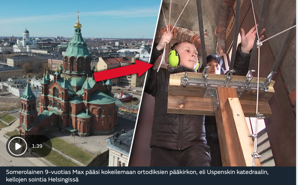 Kuva MTV loppukevennyksestä, jossa Max Känsälä soittaa Uspenskin katedraalin kelloja pääsiäisen kunniaksi.
