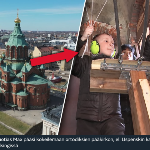 Kuva MTV loppukevennyksestä, jossa Max Känsälä soittaa Uspenskin katedraalin kelloja pääsiäisen kunniaksi.